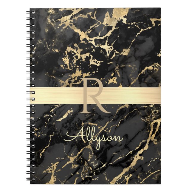 DIY Name & Monogram, Gold Bar, Black & Gold Marble Notebook (Front)