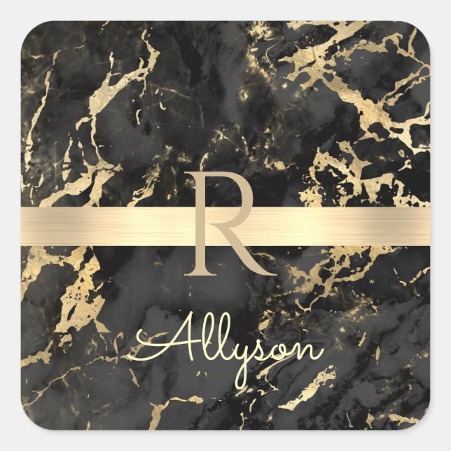 DIY Name & Monogram, Gold Bar, Black & Gold Marble Square Sticker (Front)