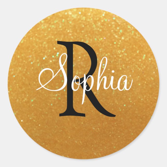DIY Name & Monogram, Gold Glitter Classic Round Sticker (Front)