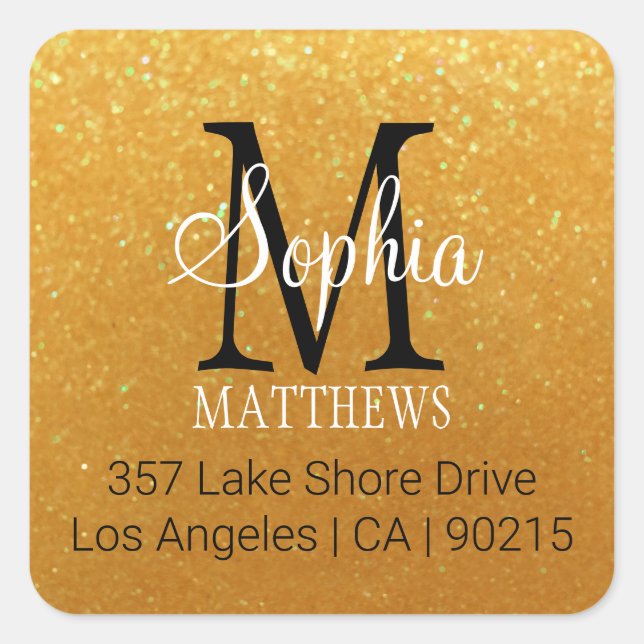 DIY Name & Monogram, Gold Glitter, White, Black Square Sticker (Front)