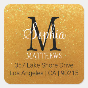 DIY Name & Monogram, Gold Glitter, White, Black Square Sticker