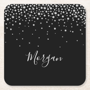 DIY Name White Script & White Diamonds, Black Square Paper Coaster