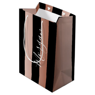 DIY Name White, Vertical Rose Gold & Black Stripes Medium Gift Bag
