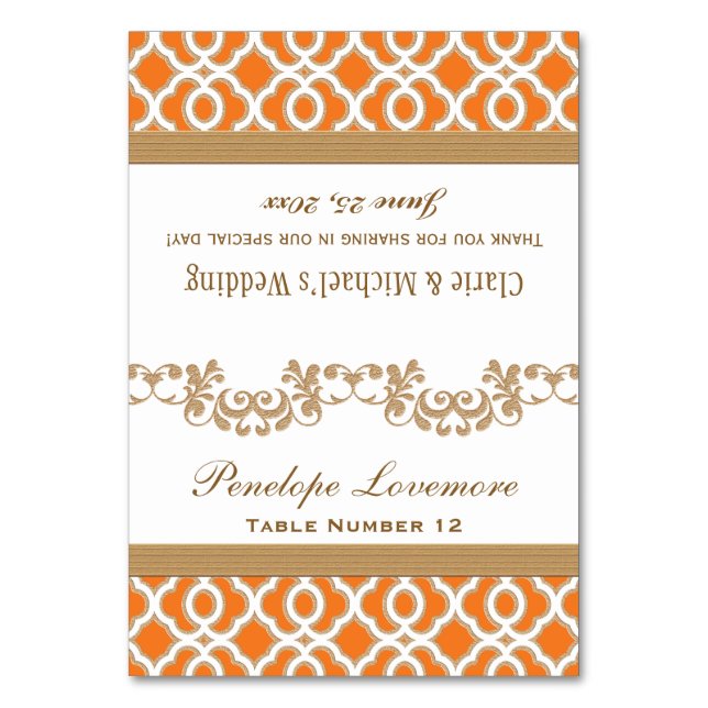 DIY Orange Gold Moroccan Seating Place Tent Cards (Front)