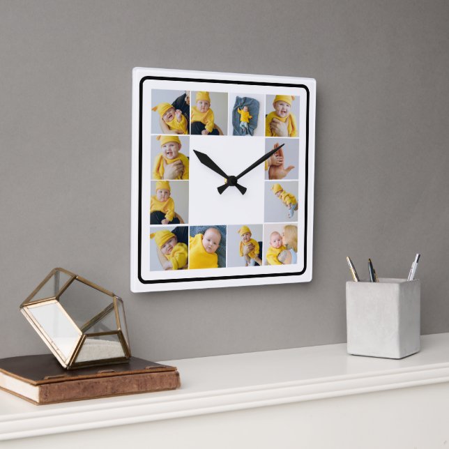 DIY Personalised 12 Photo Collage Template Square Wall Clock (Office)