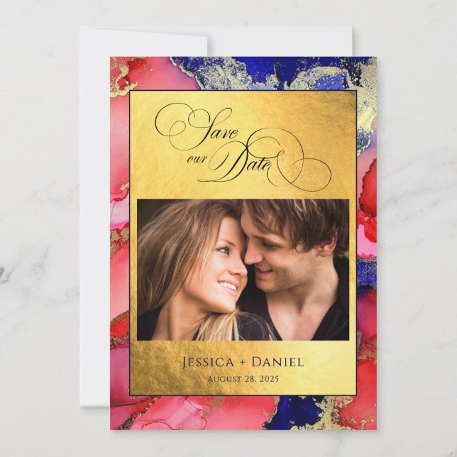 *DIY Photo Gold Abstract Wedding Flat Save The Date (Back)