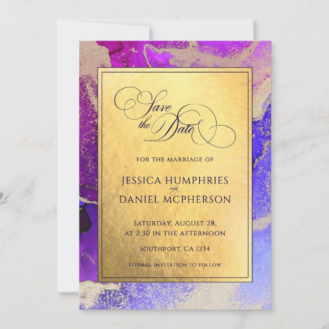 DIY Photo Purple Gold Abstract Wedding Flat 2 Save The Date (Front)