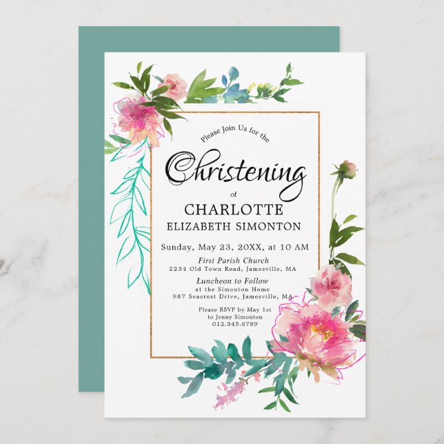DIY Pink Floral Watercolor Christening Invitations (Front/Back)