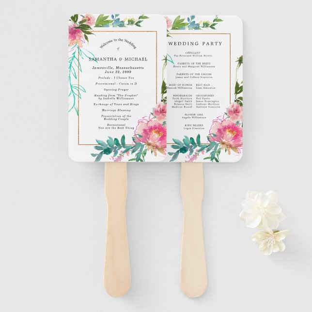 DIY Pink Peony Floral Wedding Program Hand Fan (Front and Back)