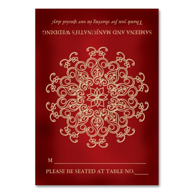 DIY Red Gold Indian Tent Style Seating Place Table Number (Front)