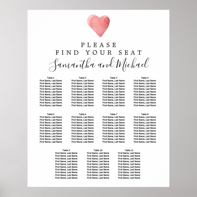 DIY Red Heart 11-Table Wedding Seating Chart (Front)
