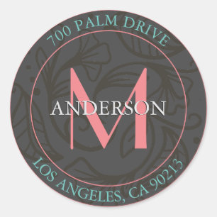 DIY Return Address, Coral Monogram, Graphic Floral Classic Round Sticker