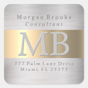 DIY Return Address Label, Brushed Steel & Gold Square Sticker