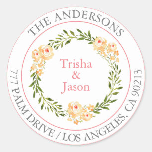 DIY Return Address Watercolor Peach Flowers, Coral Classic Round Sticker