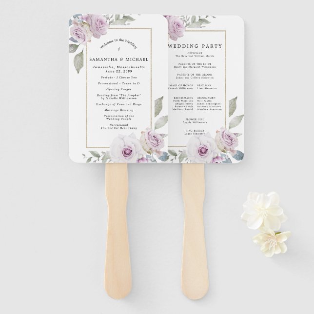 DIY Rustic Purple Floral Wedding Program Hand Fan (Front and Back)