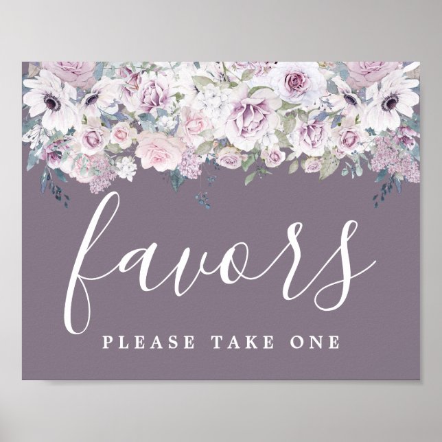 DIY Rustic Purple White Floral Wedding Favour Sign (Front)