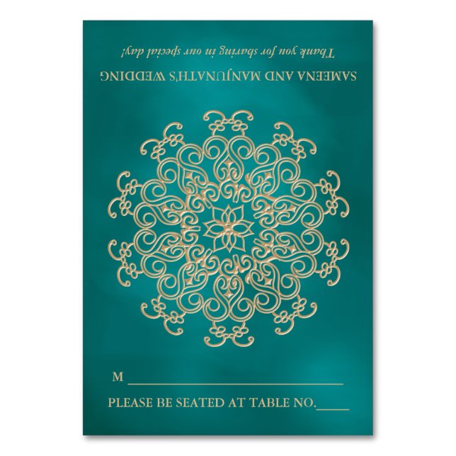 DIY Teal and Gold Indian Tent Style Seating Place Table Number (Front)