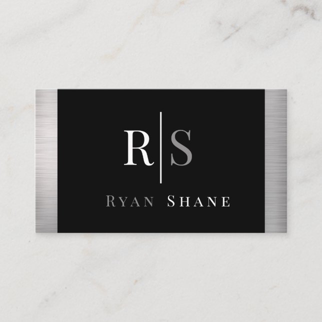 DIY White & Grey Monogram & Name, Black & Silver Business Card (Front)