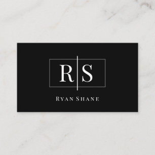 DIY White Monogram & Name, Grey Box, Black/Silver Business Card