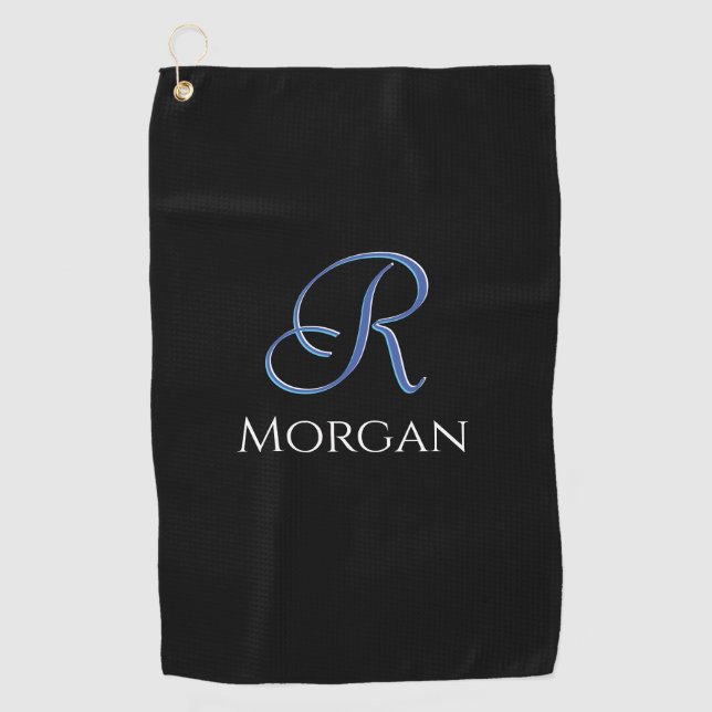 DIY White Name & Large 3-D Initial Med Blue, Black Golf Towel (Front)
