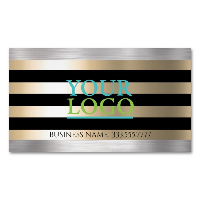DIY Your Logo Gold Brushed Steel & Black Stripes Magnetic Business Card (Front)