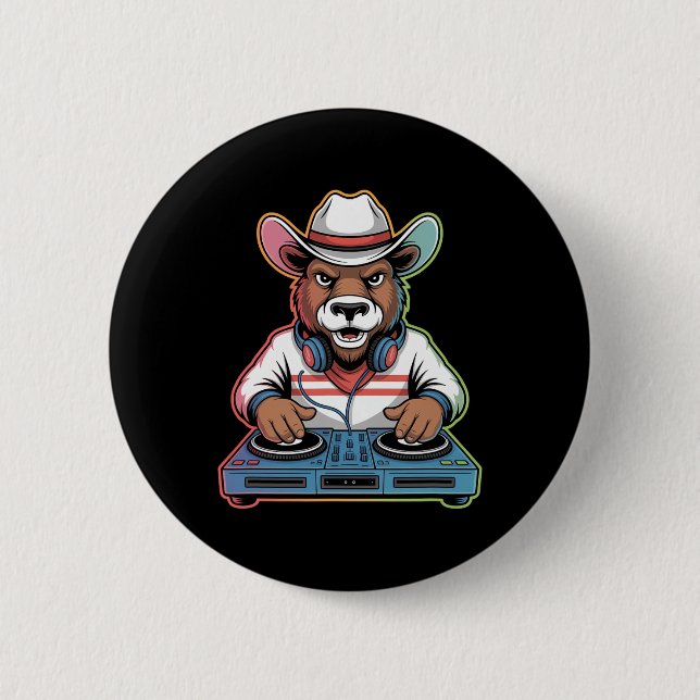 Dj Bear Cowboy Mixing Beats  6 Cm Round Badge (Front)