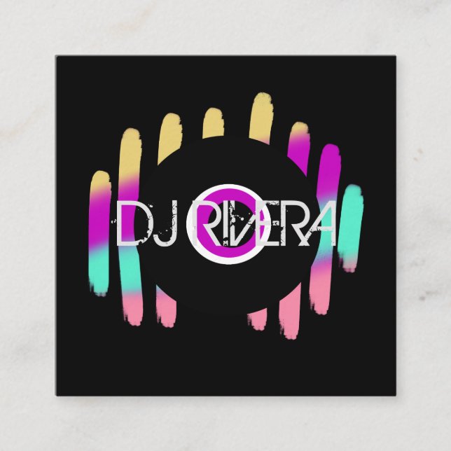 DJ Business Music Producer Neon and Black Square Business Card (Front)