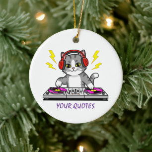 DJ Cat Cartoon – Cool Music Lover Illustration Ceramic Tree Decoration