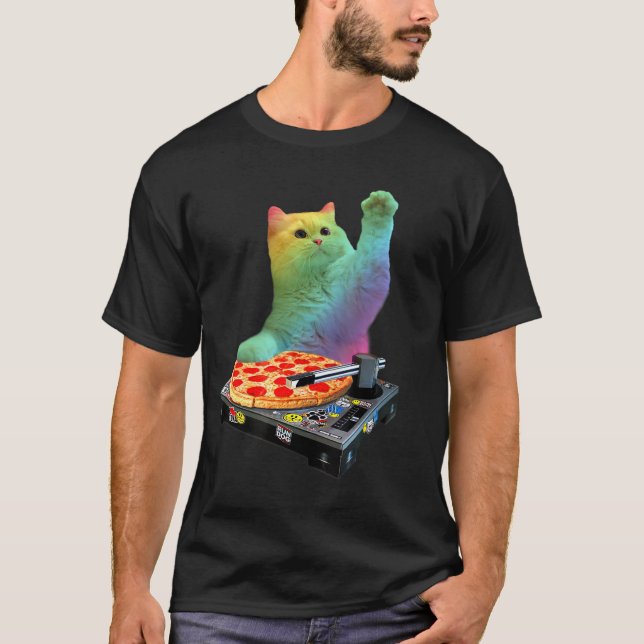 DJ Cat  Cat DJ Pizza EDM Music Cute White Kitty T-Shirt (Front)