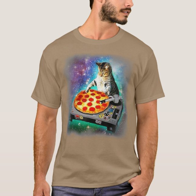 DJ Cat eats pizza in galaxy T-Shirt (Front)