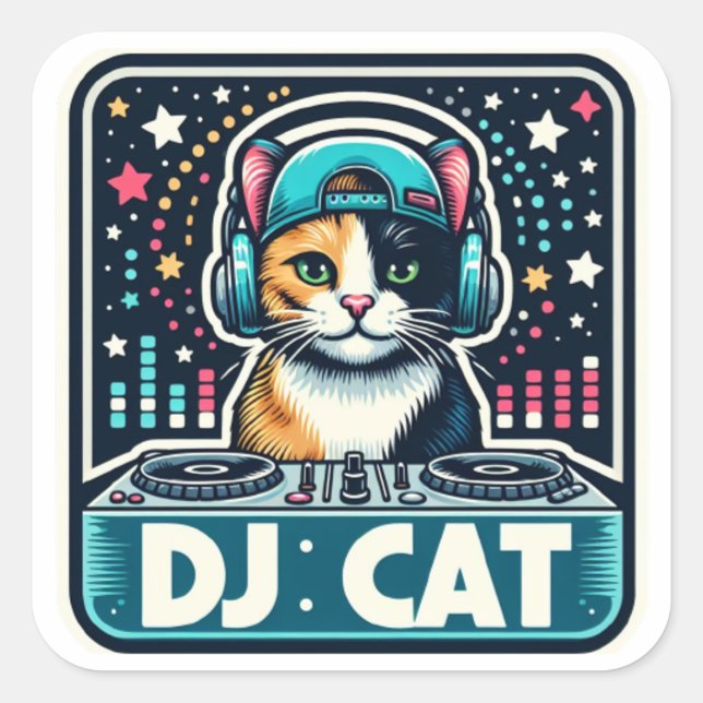 DJ Cat Square Sticker (Front)