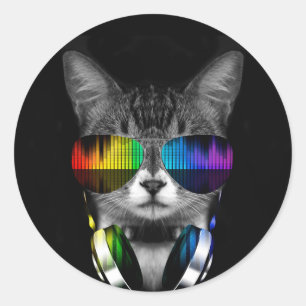 DJ cat with sunglasses and headphones Classic Round Sticker