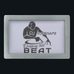 DJ custom belt buckle<br><div class="desc">"DJ [YOURNAME] dropping that beat". Change the text field to what you want. Using the "customise it" function,  you can also change (edit) the background colour of this item,  as well as add more text if you wish.  See my store for more items with this design.</div>