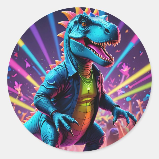 DJ Dinosaur Party With Neon Lights Classic Round Sticker (Front)