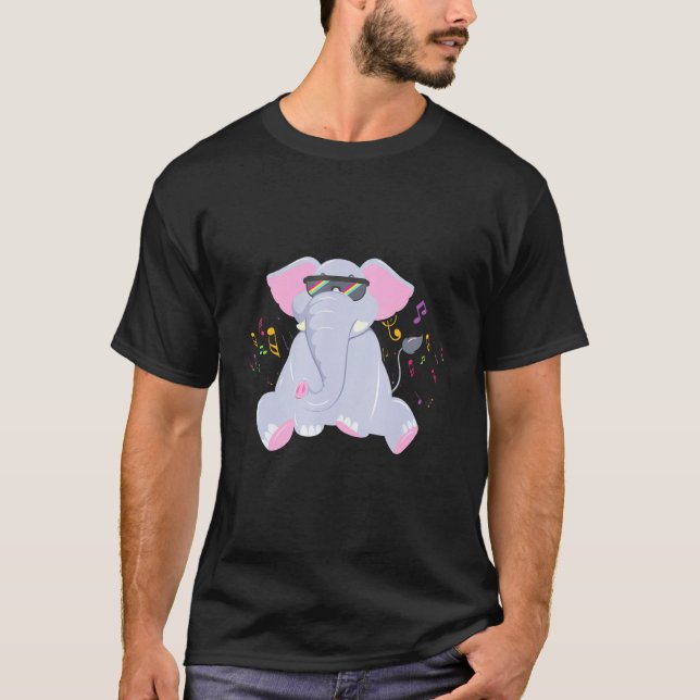 Dj Elephant Animal Musical Notes Disco T-Shirt (Front)