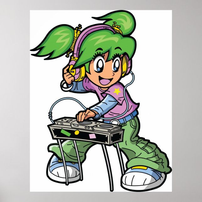 DJ Girl with Green Hair and Headphones  Poster (Front)