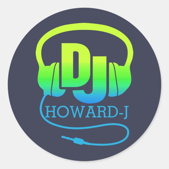 DJ headphones green blue add your own name  Classic Round Sticker (Front)