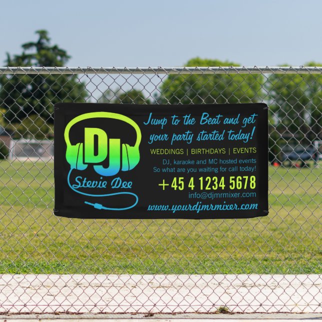 DJ headphones green blue on black promotional Banner (Insitu)