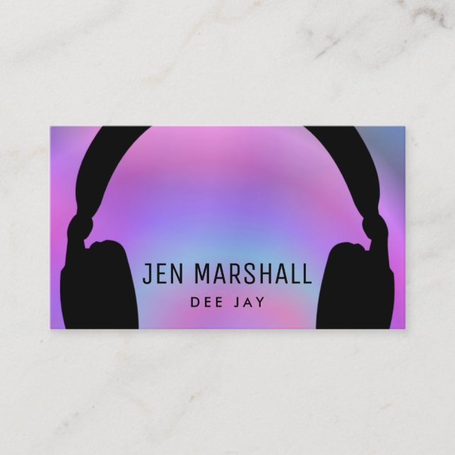DJ headphones on faux holographic gradient Business Card (Front)