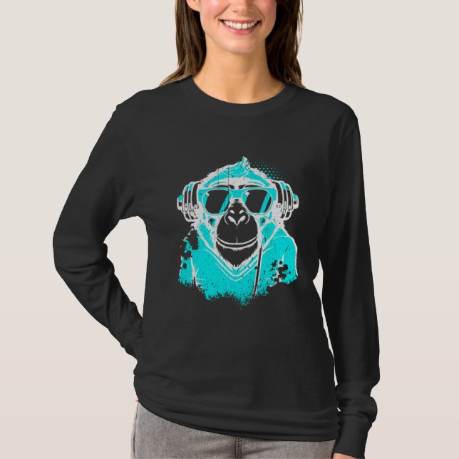 DJ Monkey Music Party Fun Sunglasses Fun Dancing C T-Shirt (Front)