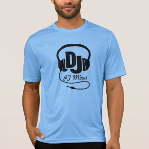 DJ name headphones black on blue graphic t-shirt