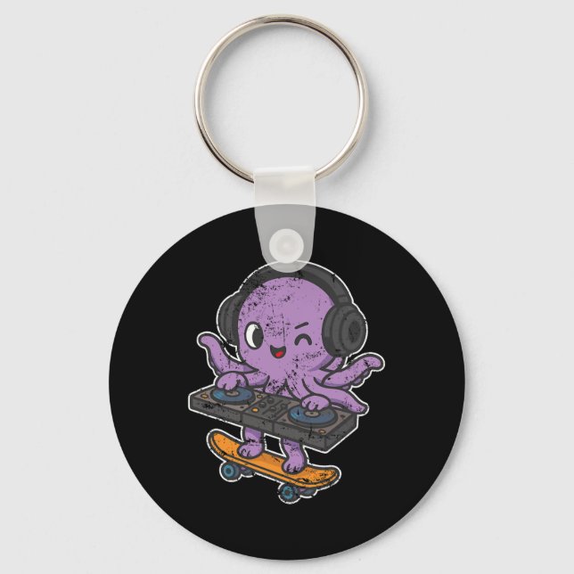 Dj Octopus Skate Retro Cartoon  Key Ring (Front)