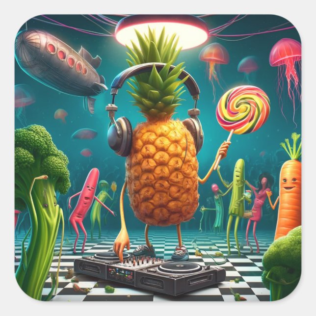 DJ Pineapple Party in a Surreal Underwater Disco Square Sticker (Front)