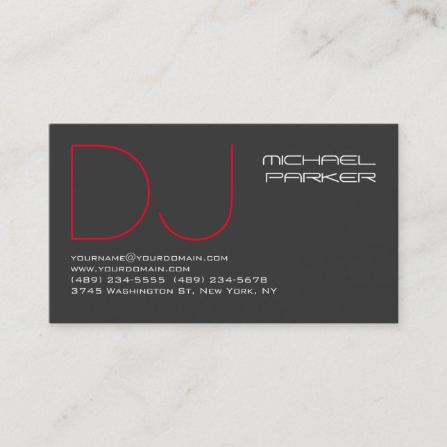 DJ Stylish Grey Background Red Professional Business Card (Front)