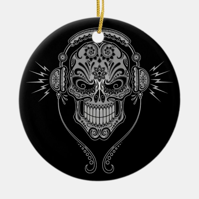 DJ Sugar Skull – Black Ceramic Tree Decoration (Front)