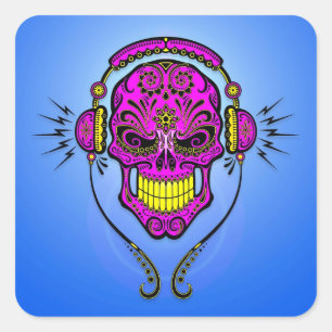 DJ Sugar Skull – Purple and Yellow Square Sticker