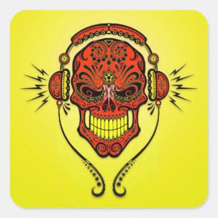 DJ Sugar Skull – Red and Yellow Square Sticker