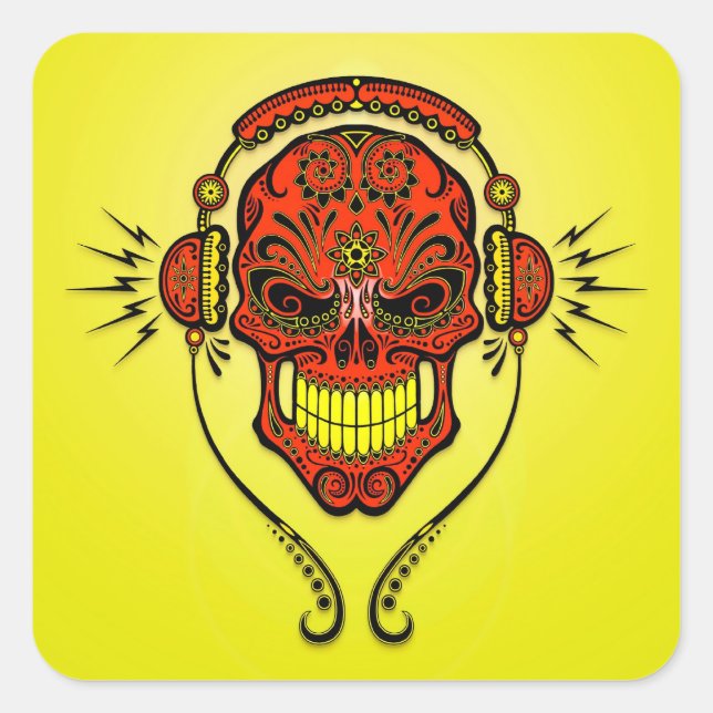 DJ Sugar Skull – Red and Yellow Square Sticker (Front)