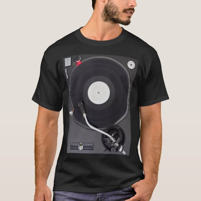 DJ Turntable, Playing Vinyl Record Photo T-Shirt (Front)