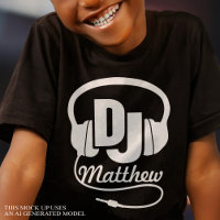 DJ your name white on black kids t-shirt